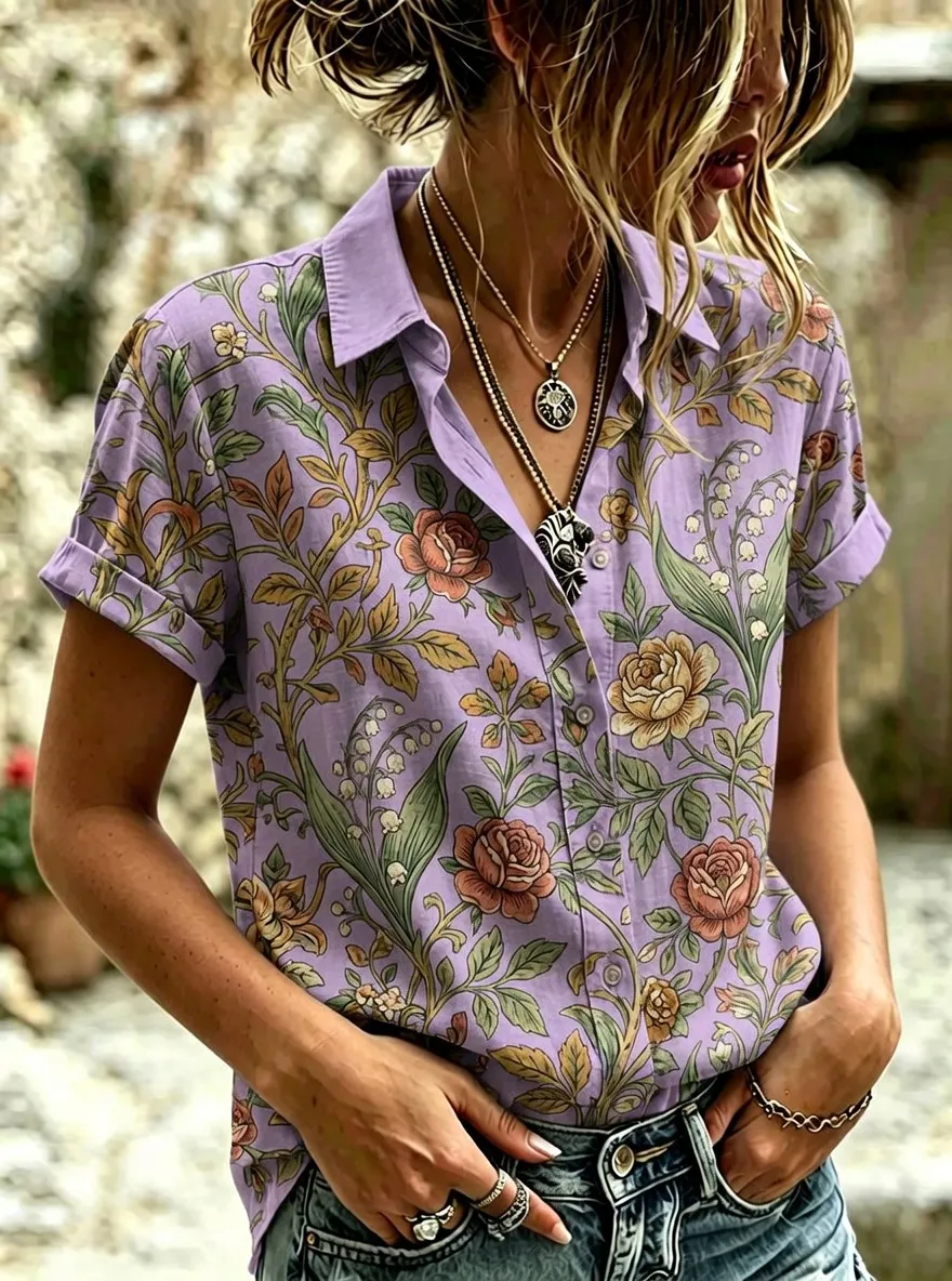 Women's Floral Vintage Rose Lily Botanical Printed Short Sleeve Shirt
