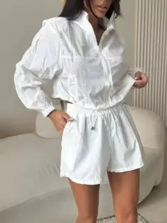 Relaxed Drawstring Zip-Detail Pocketed Top and Shorts Matching Set