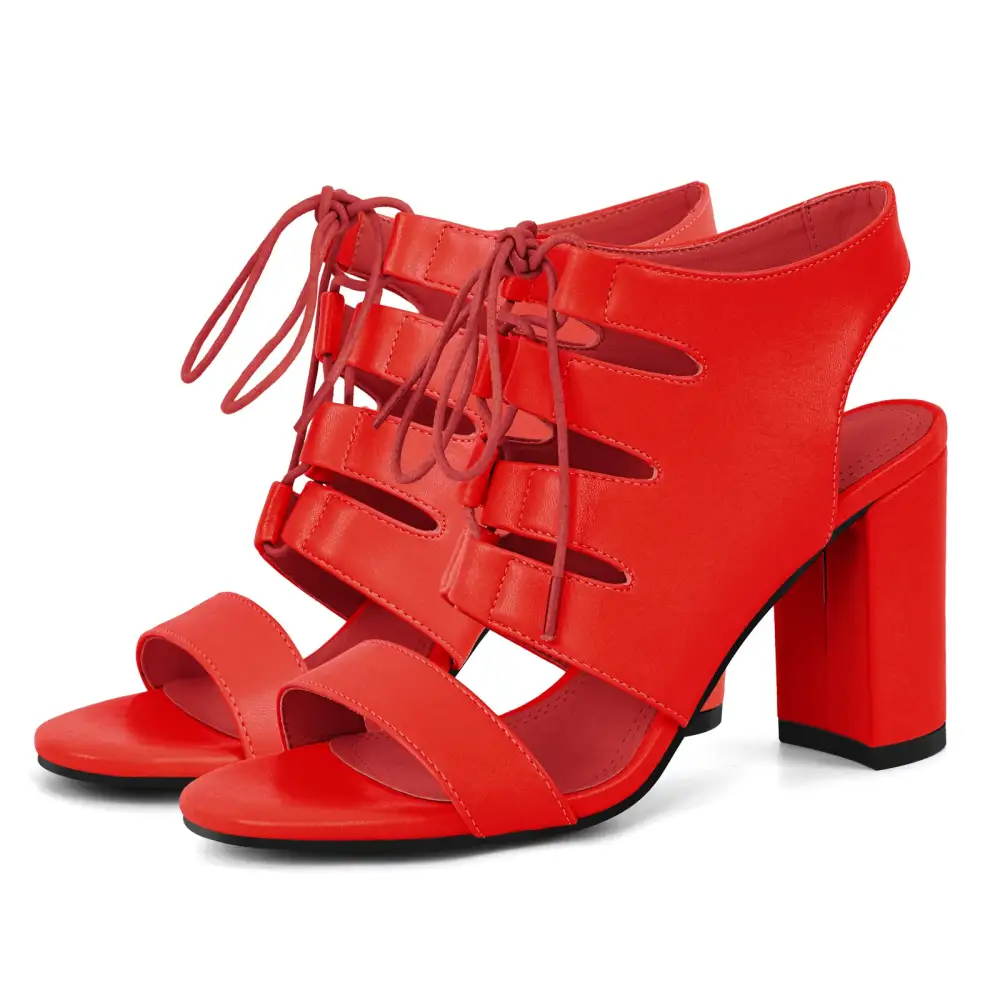 Round Toe Lace Up Chunky Heel Slingback Sandals