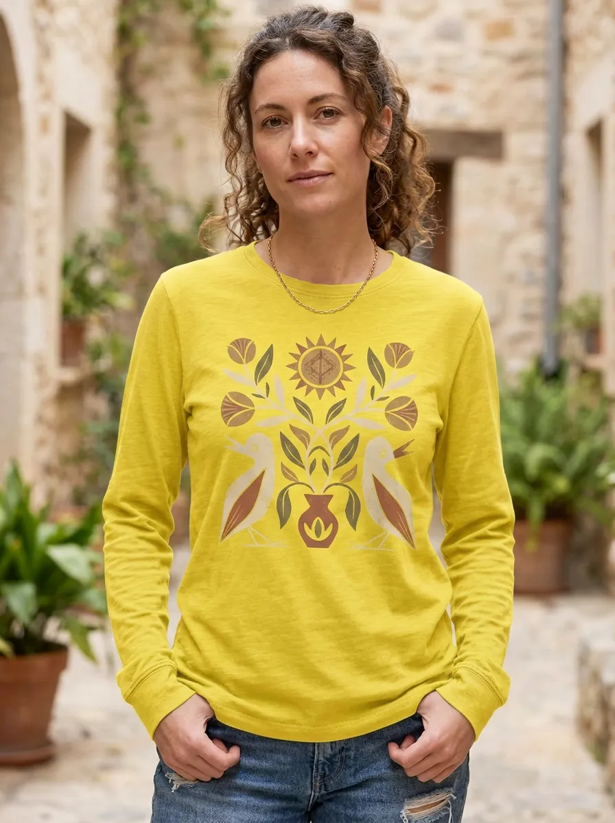 Women's Folk Art Bird and Floral Sun Printed Long Sleeve Top