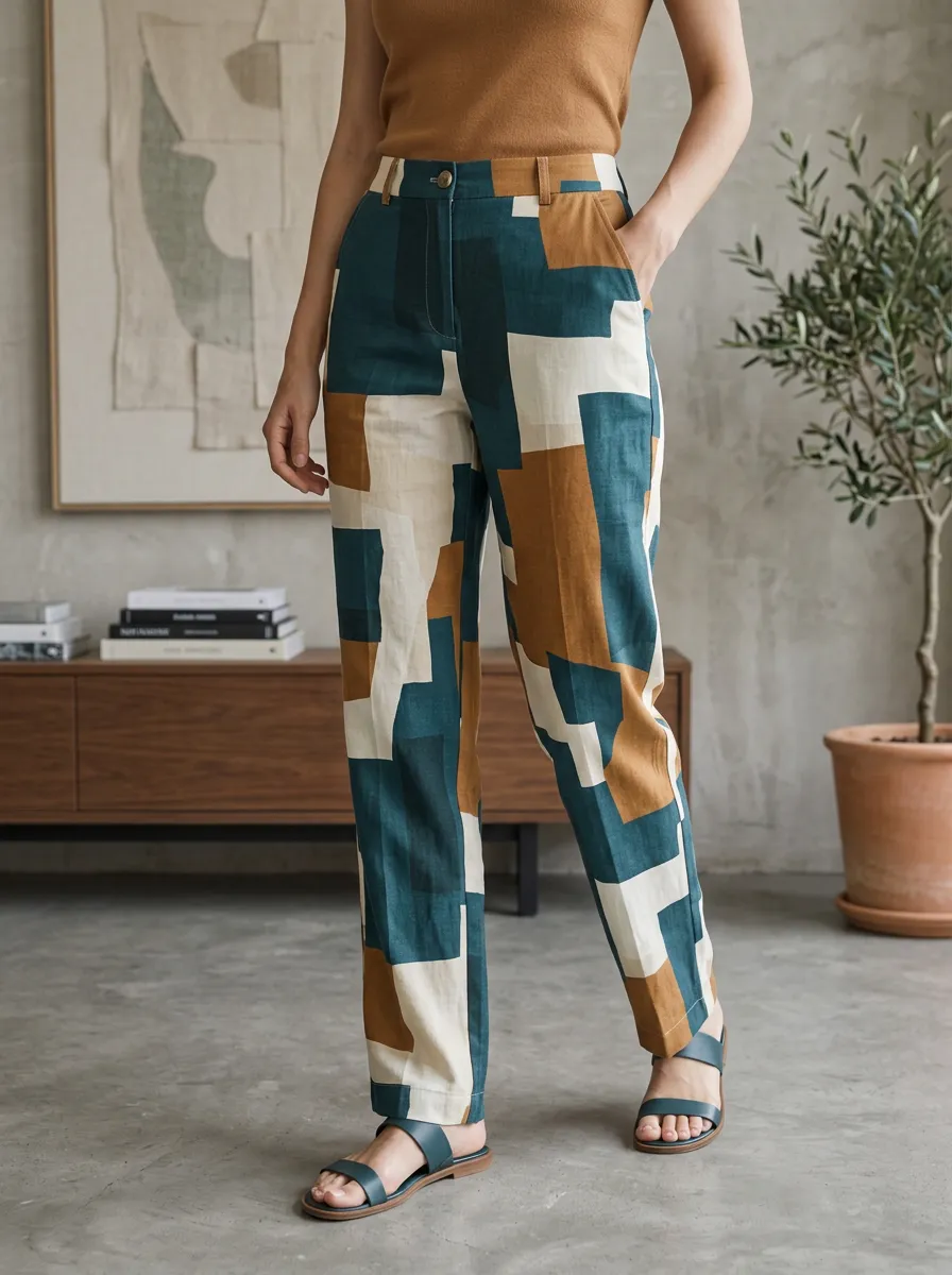 Women's Relaxed Abstract Geometric Pattern Printed Trousers