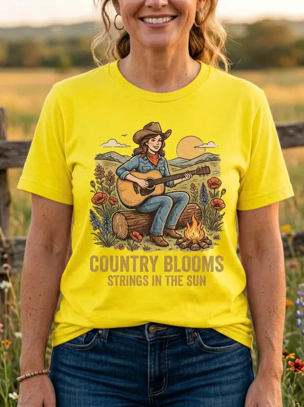Guitar Cowgirl Campfire Country Music Crewneck T-Shirt