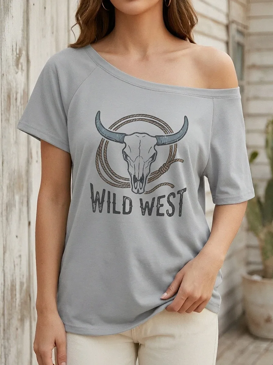 Women's Wild West Cow Skull Rope Printed T-shirt
