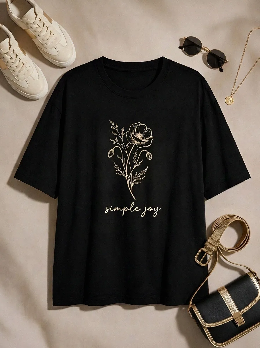 Women's Minimalist Floral Simple Joy Line Art Printed T-shirt