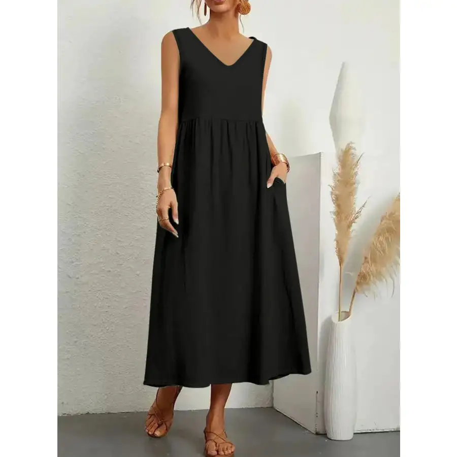 Full Size Pocketed V-Neck Sleeveless Midi Dress Plus Size