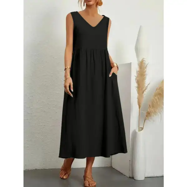 Full Size Pocketed V-Neck Sleeveless Midi Dress Plus Size