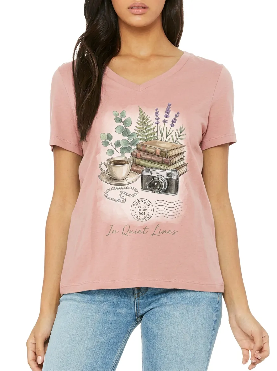 Women's Book Lover Coffee Camera Botanical Printed V-neck T-shirt