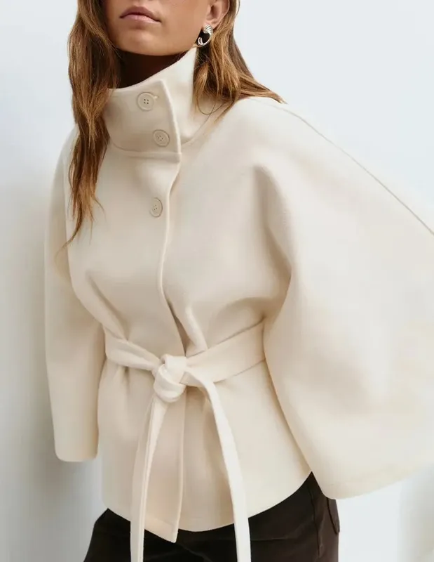 Spring Belted High-Neck Cape Coat
