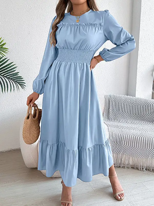 Elasticated Pleated Neck Maxi Dress