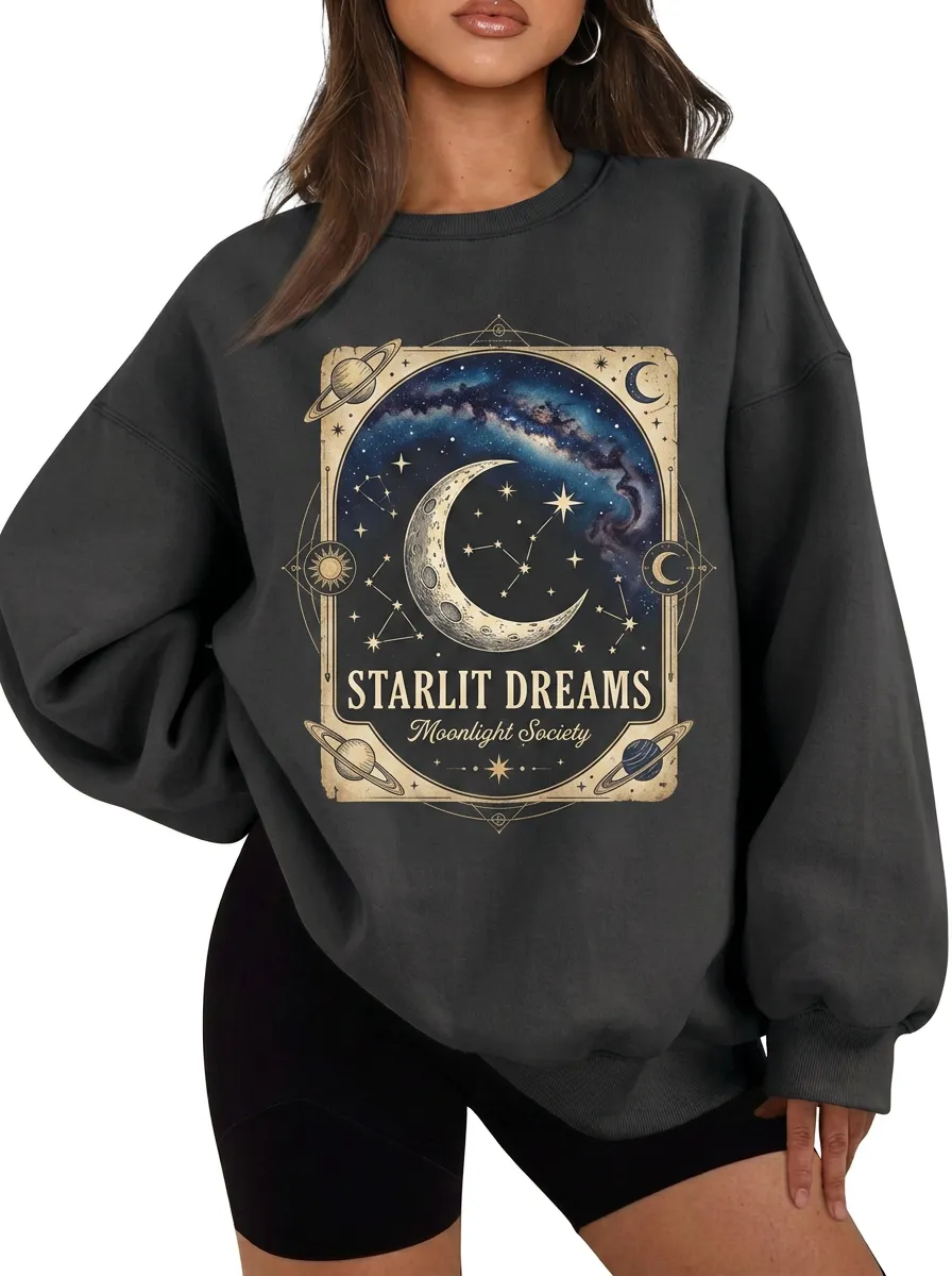 Women's Celestial Starlit Dreams Moon Galaxy Printed T-shirt