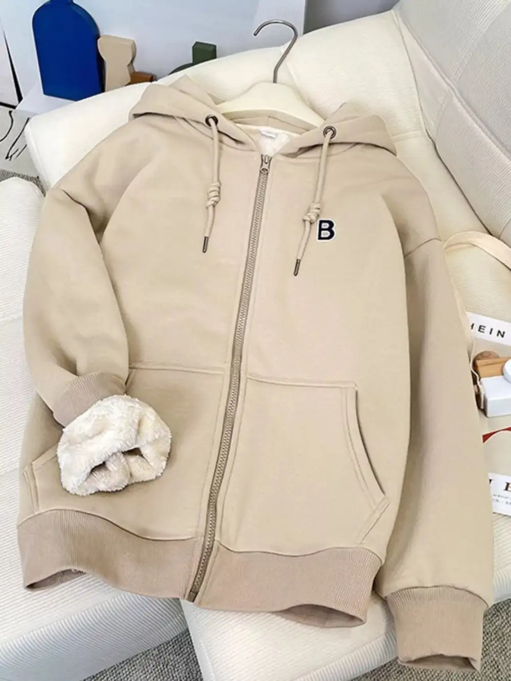 Zip-Detail Drawstring Pocketed Fleece Hoodie