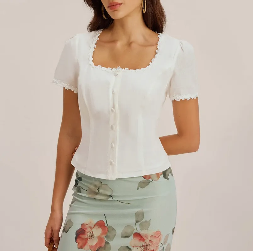 White Square Neck Button Lace Blouse