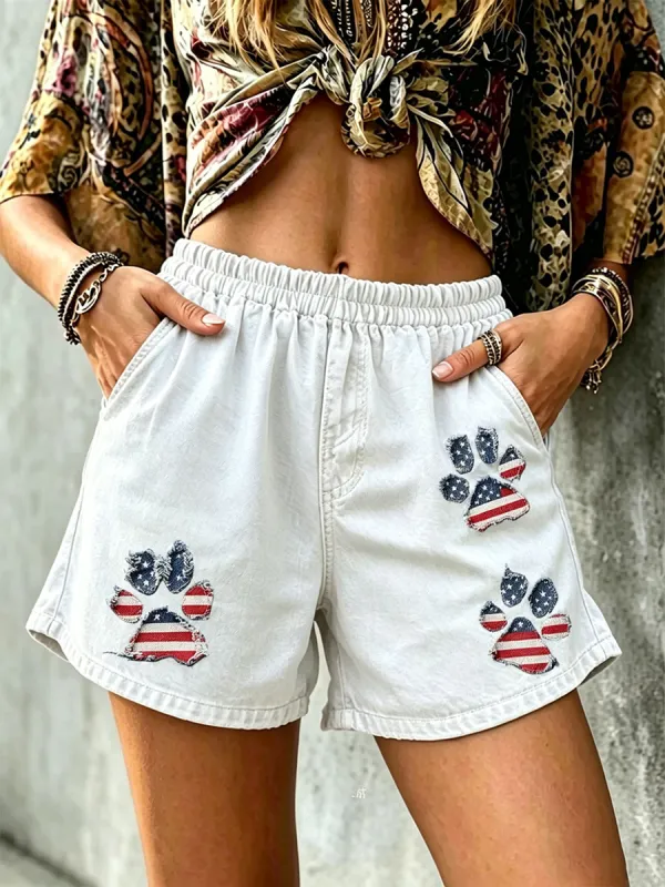 Women's American flag paw print shorts