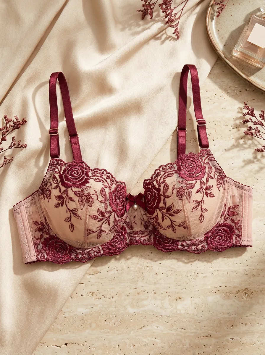 Women's Floral Lover Burgundy Rose Embroidered Mesh Bra