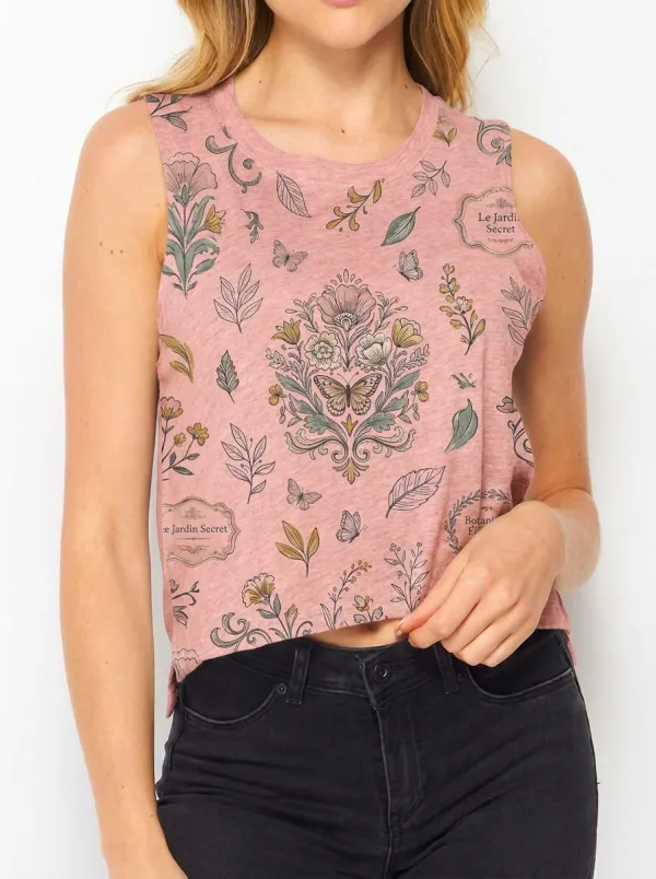 Women's Botanical Garden Butterfly Printed Crop Tank Top