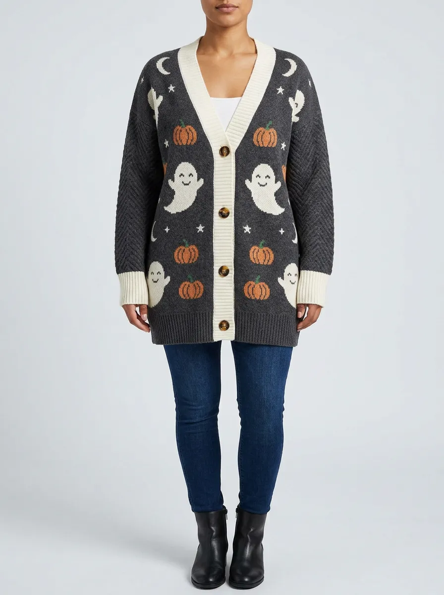 Women's Halloween Ghost Pumpkin Pattern Knitted Cardigan