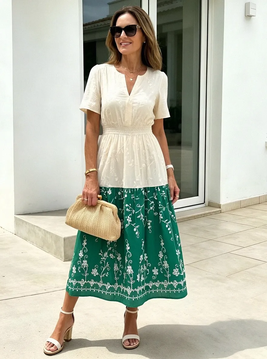 Women's Summer Vacation White Floral Green Printed Midi Dress