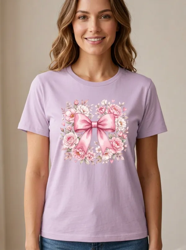 Women's Breast Cancer Awareness Pink Bow Floral Printed T-shirt