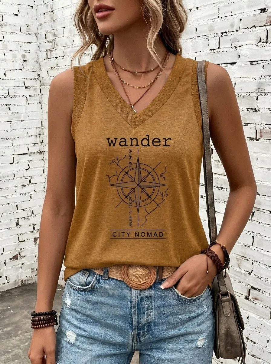Women's Travel Wanderer Compass Map Printed V-Neck Tank Top