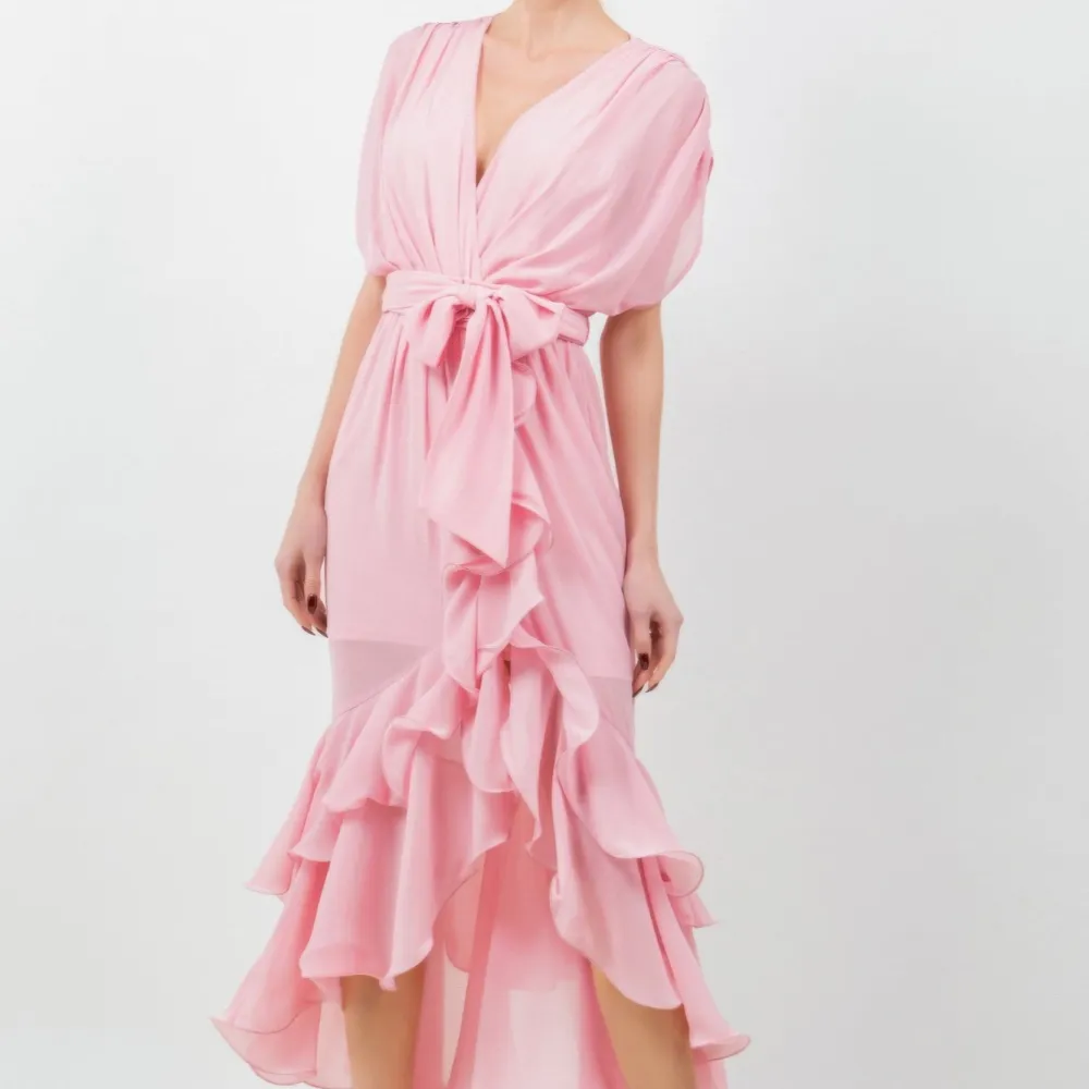 Solid Tie Waist Ruffle Midi Dress
