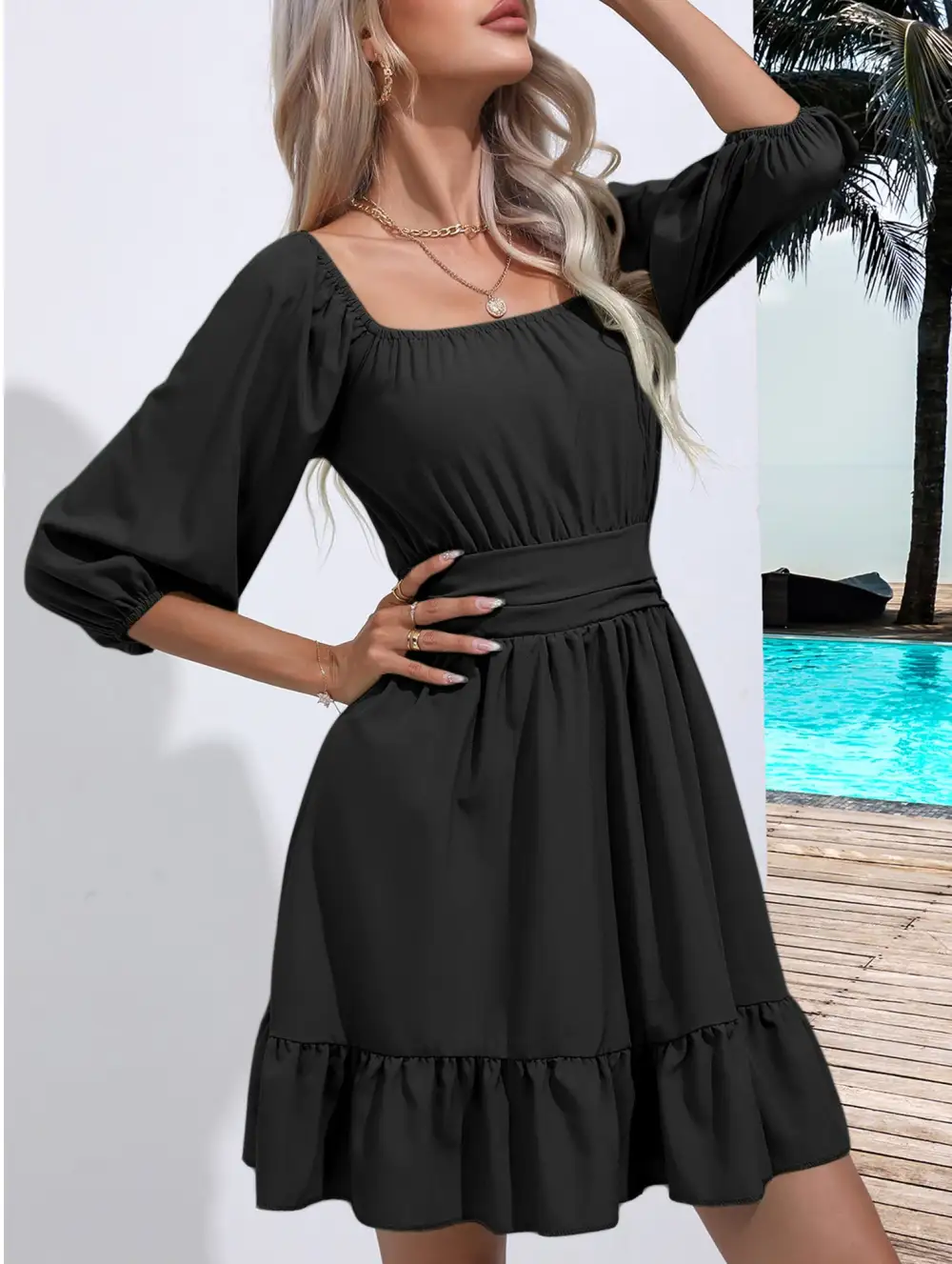 Square Neckline Ruffled Tie Up Mini Dress