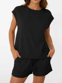 Tailored Drawstring Pocketed Top and Shorts Matching Set