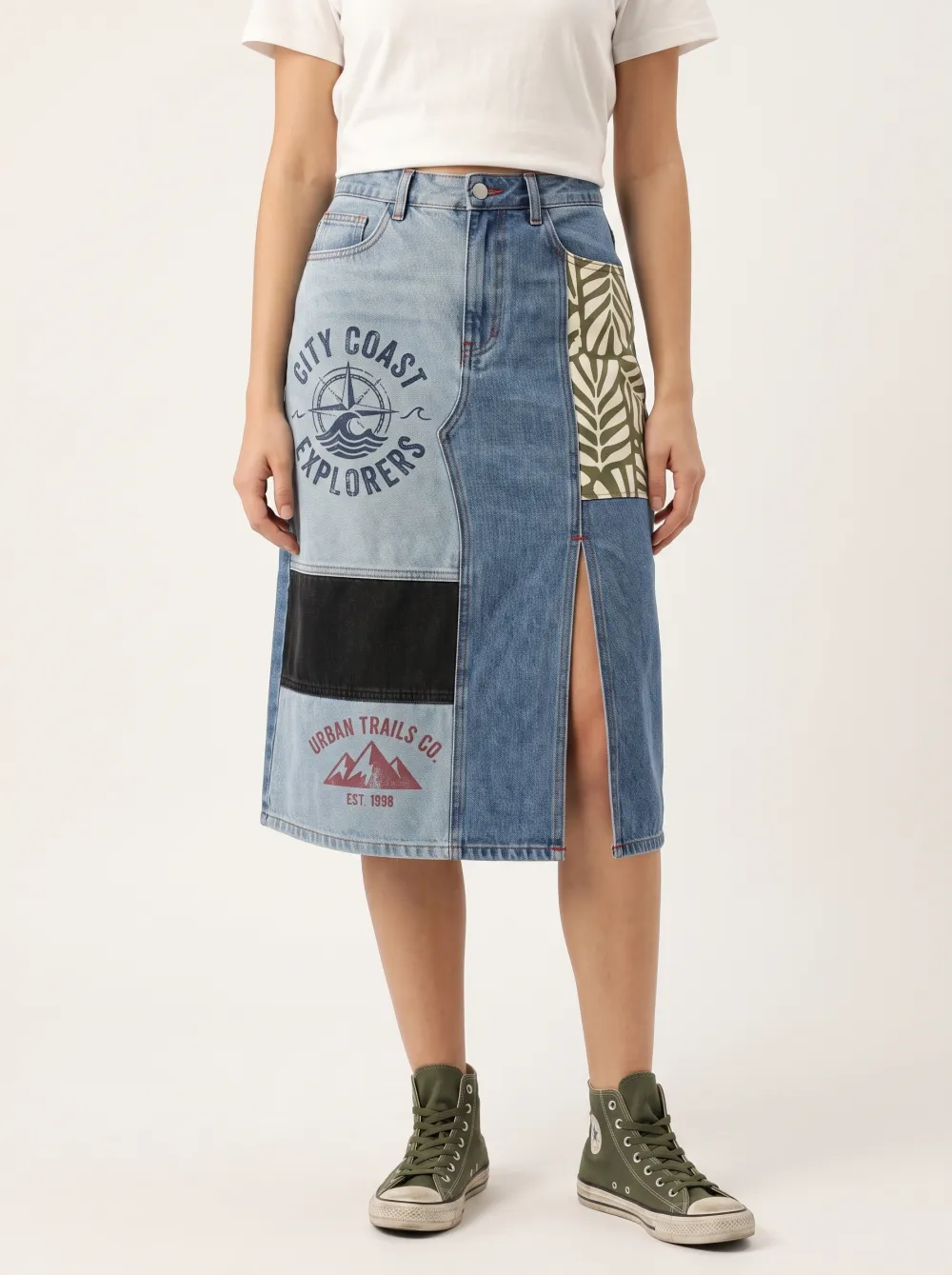 Women's Outdoor Explorer Patchwork Printed Denim Midi Skirt