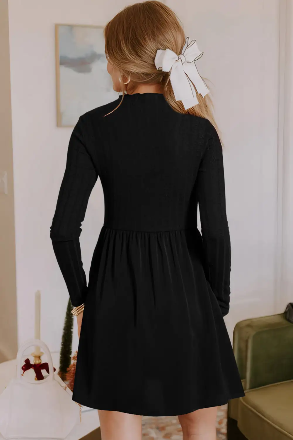 Frilled Neck Ribbed Knit Patchwork Long Sleeve Mini Dress
