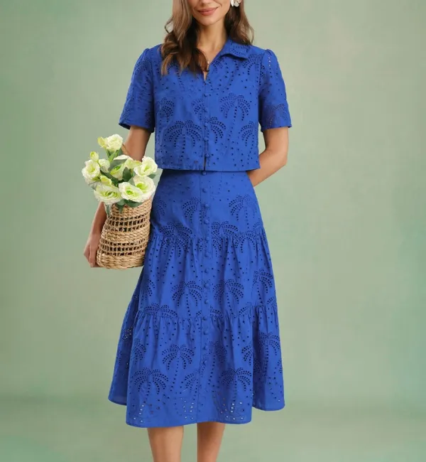 Blue Textured Button Collar Blouse