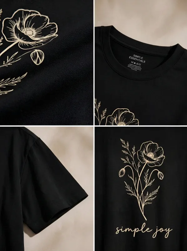 Women's Minimalist Floral Simple Joy Line Art Printed T-shirt