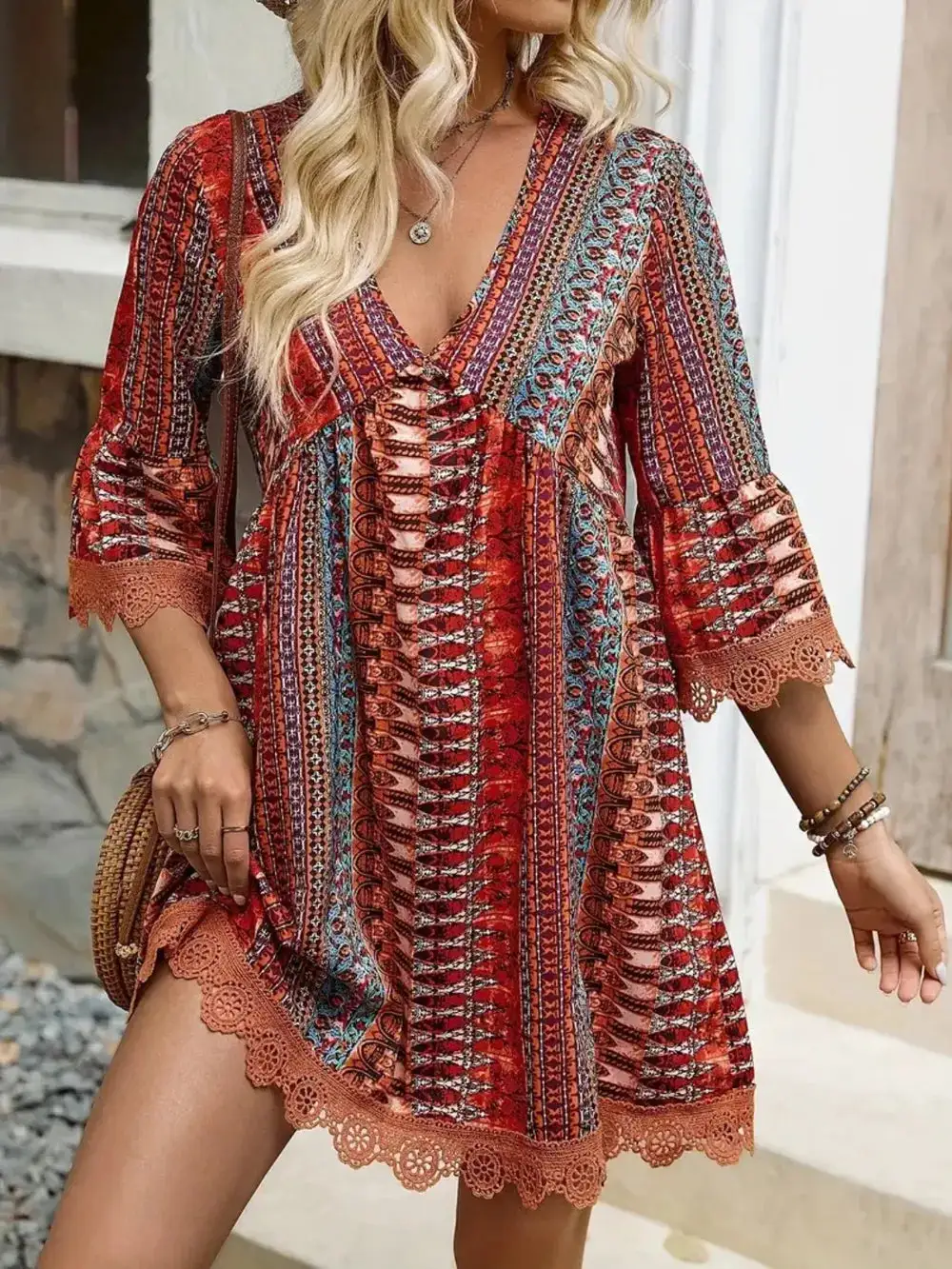Lace Detail Printed Dress