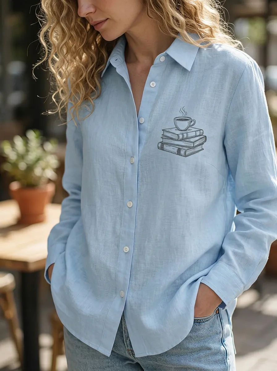 Women's Book Lover Coffee Stack Printed Button-Down Shirt