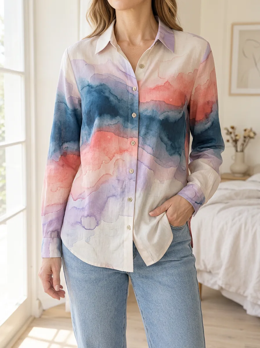 Women's Abstract Watercolor Sunset Printed Shirt