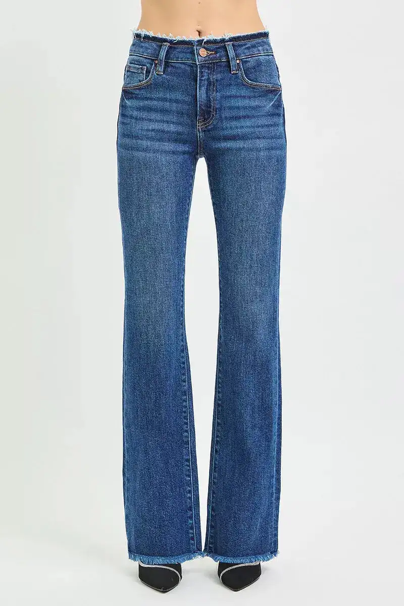 Mid Rise Bootcut Raw Hem Denim Jeans