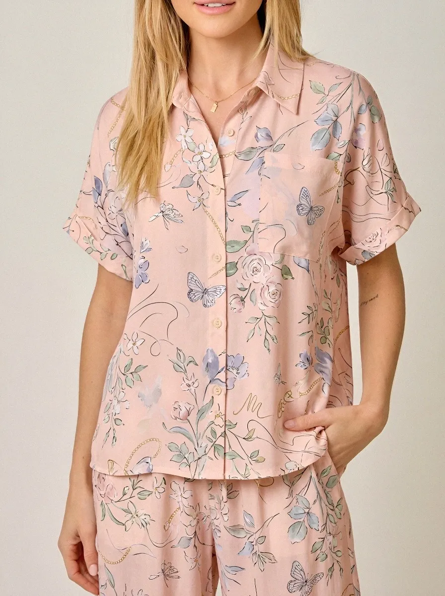 Women's Floral Butterfly Chain Printed Button-Down Shirt