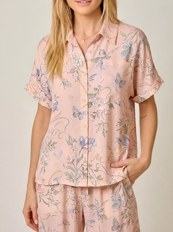 Women's Floral Butterfly Chain Printed Button-Down Shirt