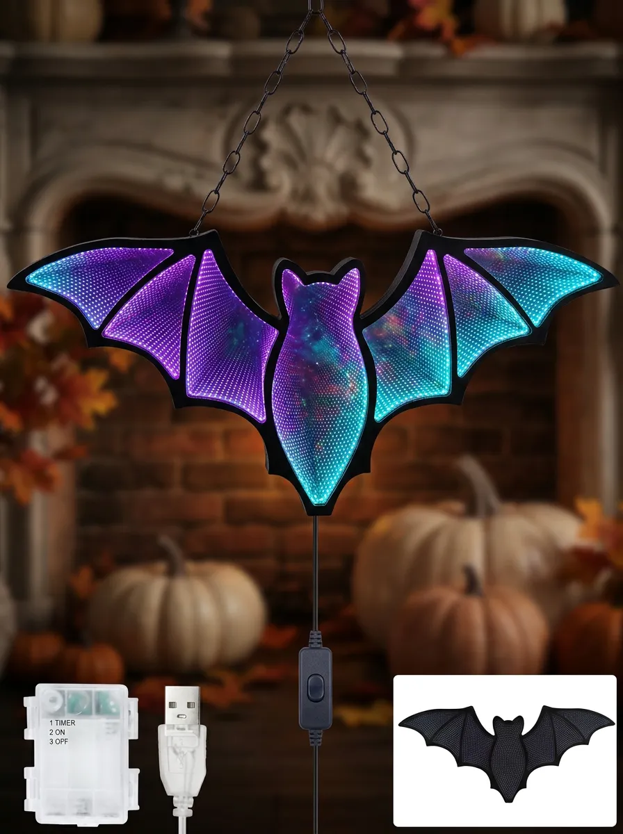 Festive Infinity-Mirror Halloween Bat Light
