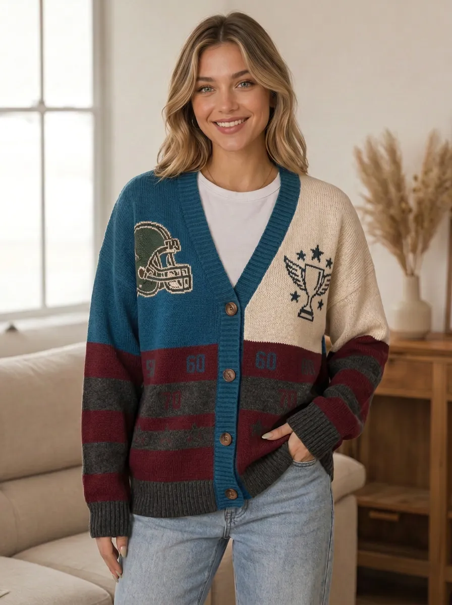 Women's Football Multi-Color Graphic Knit Cardigan