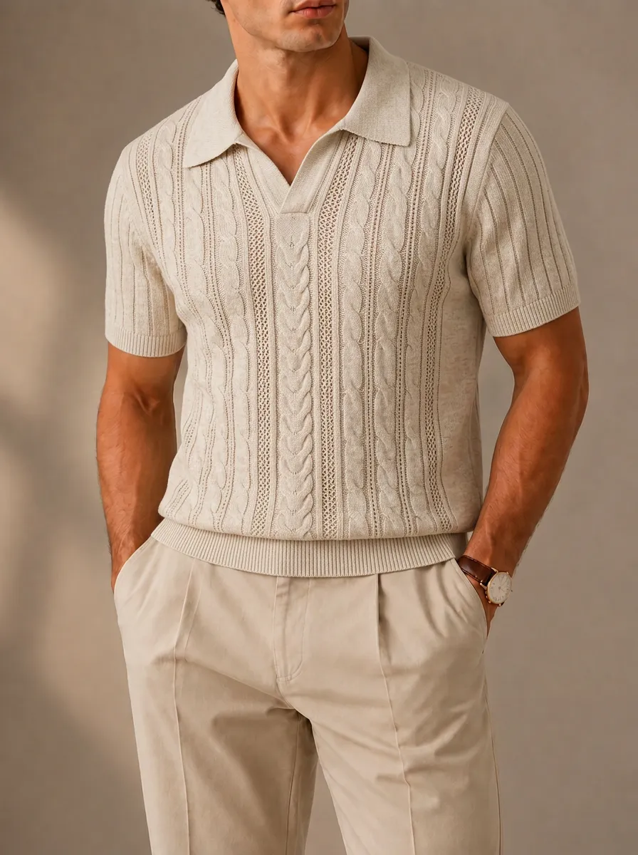 Men's Cable-Knit Short Sleeve Polo Shirt Featuring Regular Fit