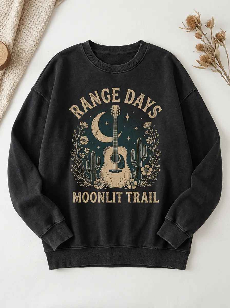 Women's Western Guitar Cactus Moon Printed Sweatshirt