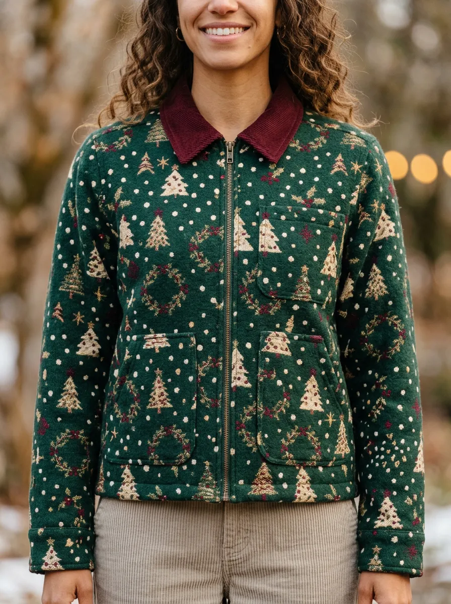 Christmas Tree Wreath Pattern Print Zip-up Jacket