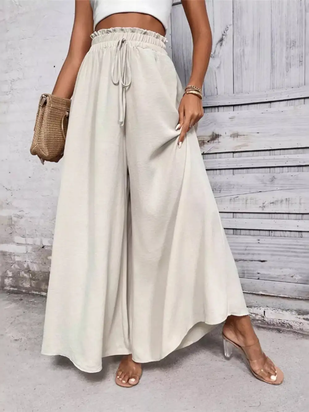 Wide Leg Ruffle Detail Casual Everyday Pants