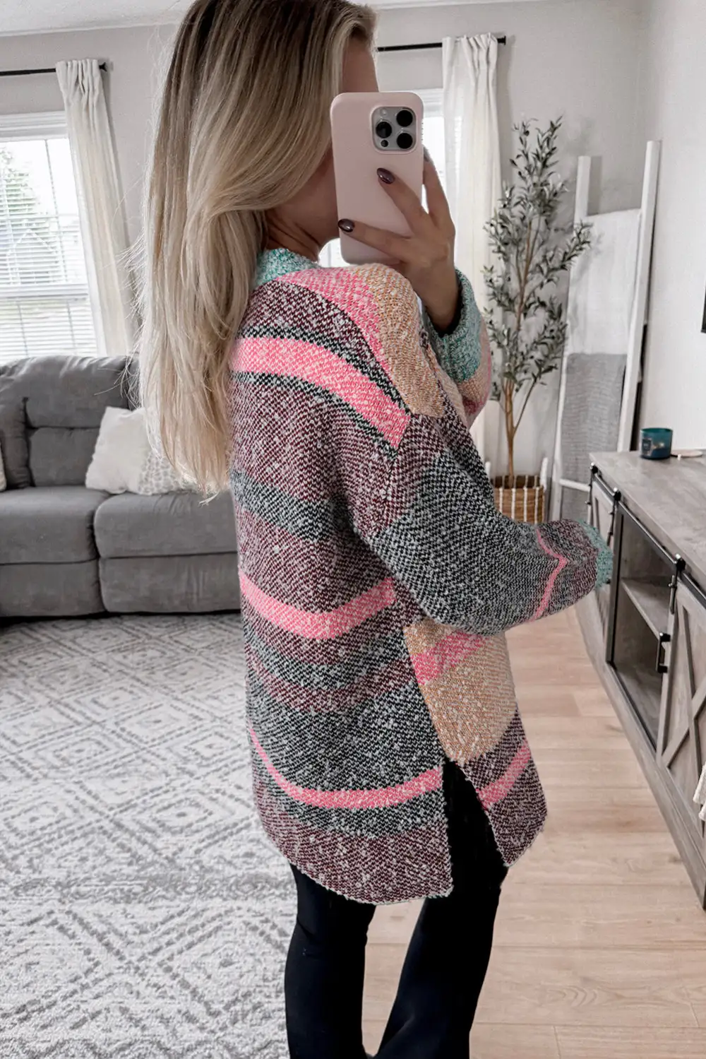 Color Block Striped Side Slit Open Front Cardigan