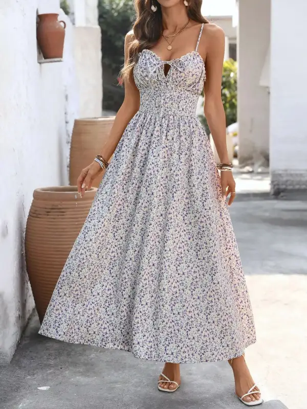 Relaxed Floral Print Shirred Cami Maxi Dress