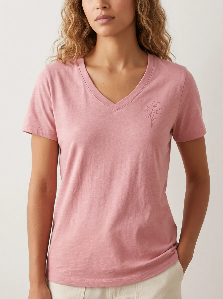 Women's Minimalist Floral Line Art Printed V-Neck T-Shirt