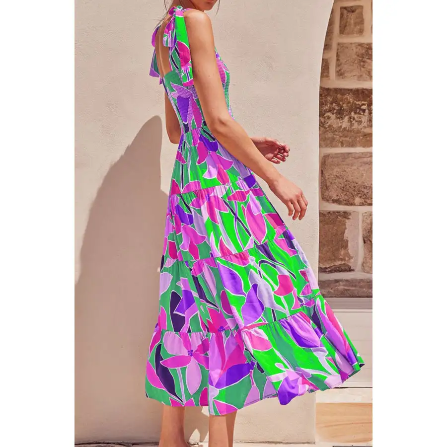 Tie-Shoulder Smocked Midi Dress