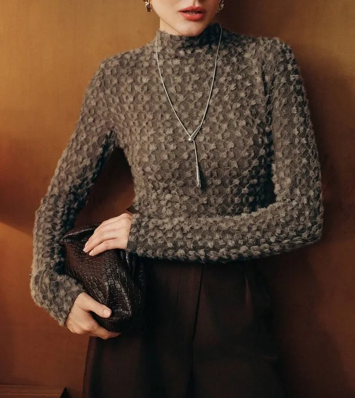 Coffee High Neck Lace Detail Sweater