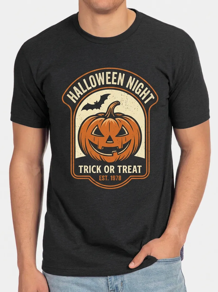 Men's Halloween Pumpkin Bat Trick Or Treat Printed T-shirt