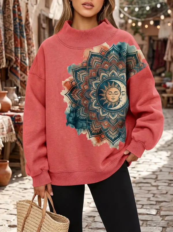 Boho Celestial Sun Moon Mandala Mock Neck Sweatshirt