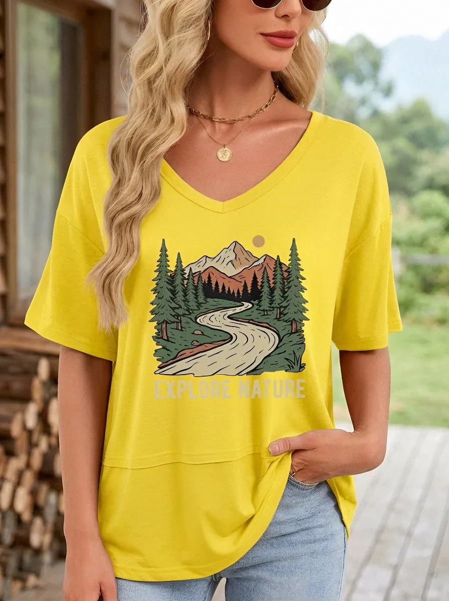 Women's Nature Lover Explore Mountain Forest Printed T-shirt